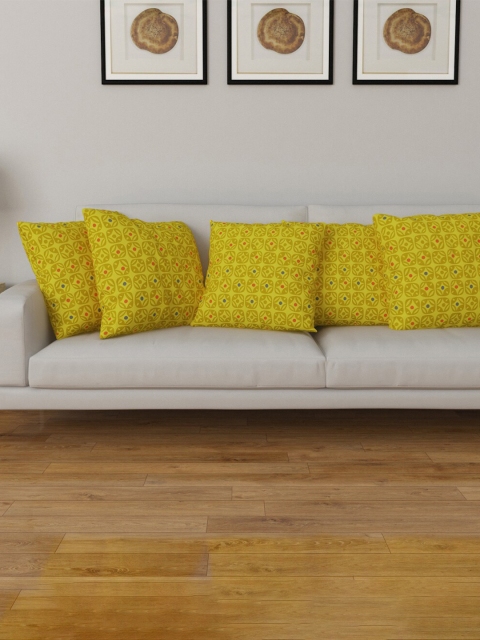

Home Centre Mustard Yellow & Red Set of 5 Ethnic Motifs Square Cushion Covers