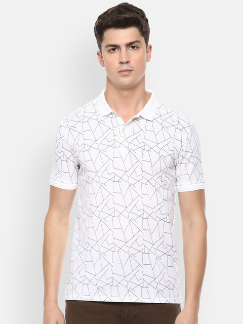 

V Dot Men White & Black Printed Polo Collar Slim Fit T-shirt