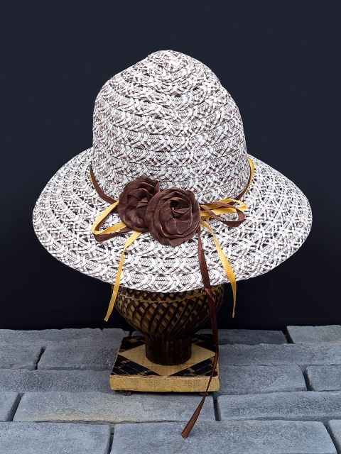 

Golden Peacock Women Brown & White Woven-Design Straw Fedora Hat