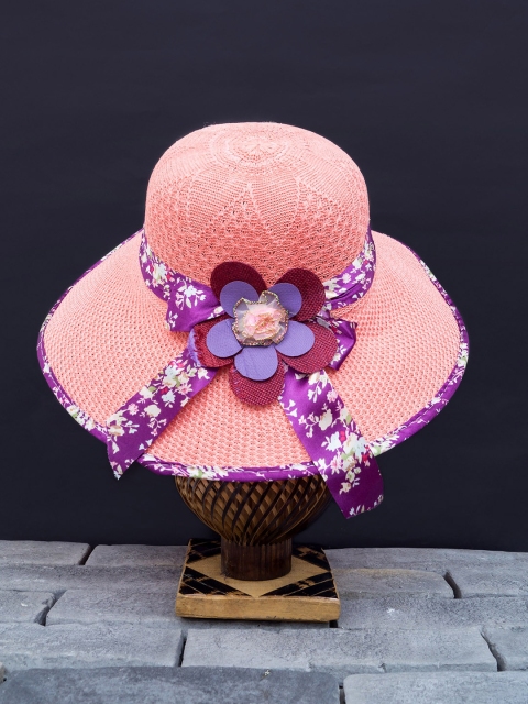 

Golden Peacock Women Peach-Coloured & Purple Woven-Design Straw Sun Hat