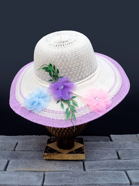 

Golden Peacock Women White & Purple Woven Design Floral Straw Sun Hat