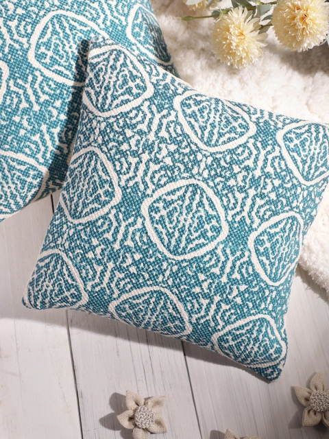 

House of Pataudi Pack of 2 Rozana Teal Blue Ethnic Motifs Square Cushion Covers