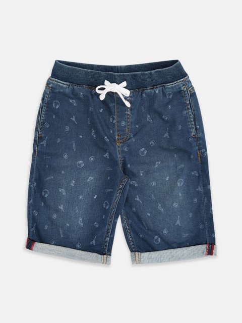 

Pantaloons Junior Boys Blue Washed Printed Denim Shorts