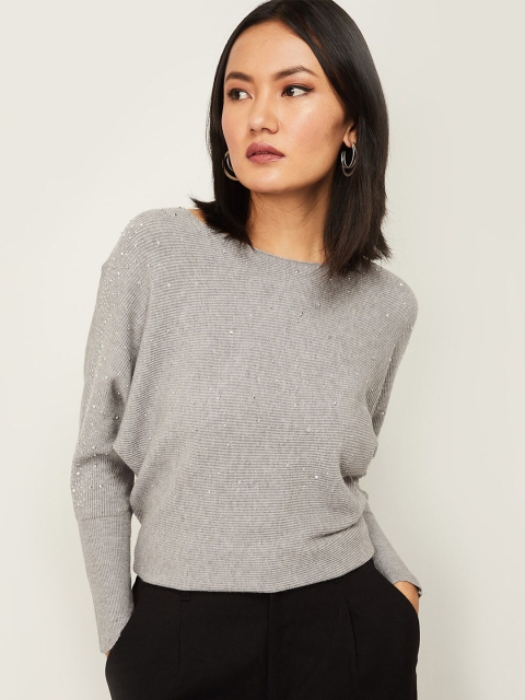 CODE by Lifestyle Grey & Silver-Toned Embellished Regular Top
