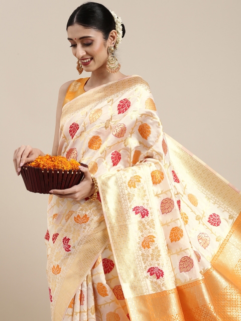 

SHAVYA Gold-Toned & Cream-Coloured Woven Design Zari Pure Silk Saree