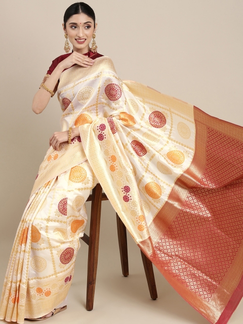 

SHAVYA Off White & Gold-Toned Ethnic Motifs Zari Pure Silk Pooja Saree