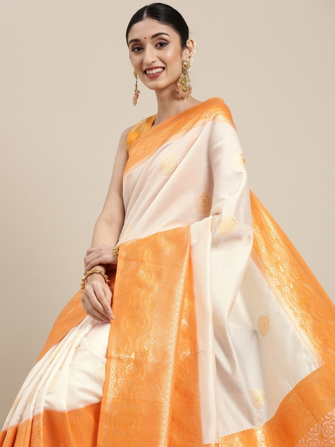 

SHAVYA Gold-Toned & Orange Woven Design Zari Pure Silk Saree