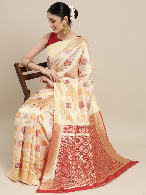 

SHAVYA Gold-Toned & Red Woven Design Zari Pure Silk Saree