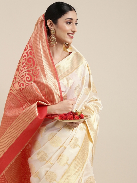 

SHAVYA Gold-Toned & Red Woven Design Zari Pure Silk Saree