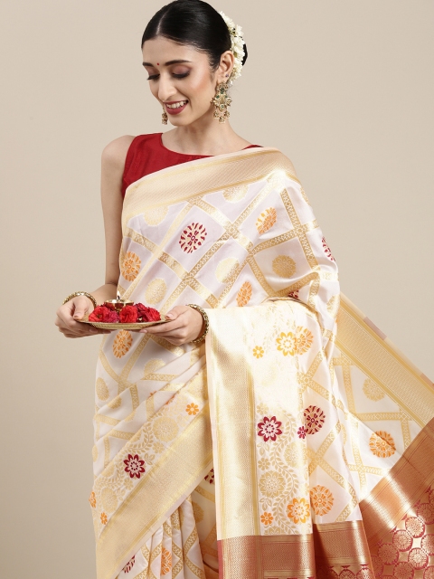 

SHAVYA Gold-Toned & Red Woven Design Zari Pure Silk Saree