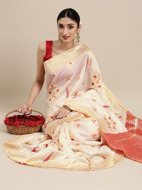 

SHAVYA Gold-Toned & Red Woven Design Zari Pure Silk Saree