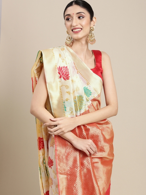 

SHAVYA Gold-Toned & Red Woven Design Zari Pure Silk Saree