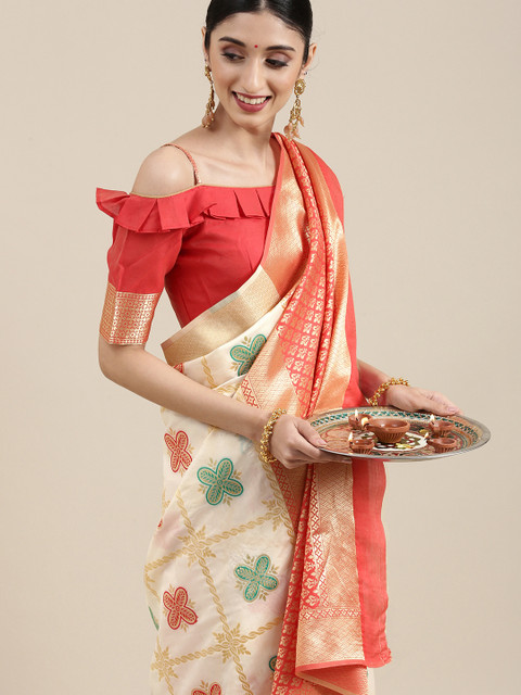 

SHAVYA Off White & Gold-Toned Ethnic Motifs Zari Pure Silk Pooja Saree