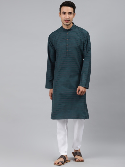 

MANQ Men Green Striped Regular Kurta with Pyjamas