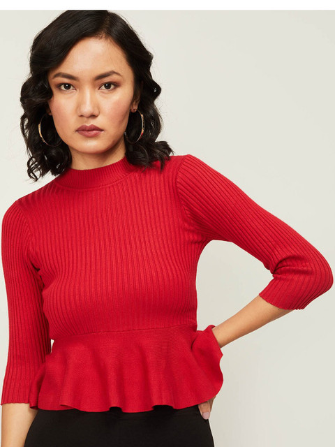 

Ginger by Lifestyle Red Solid Knitted Peplum Top