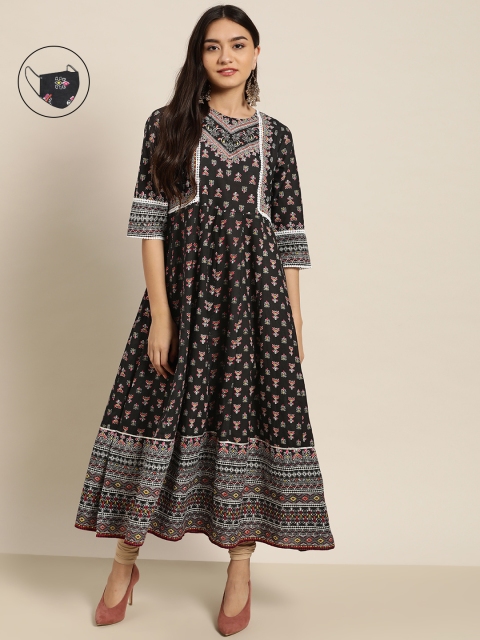 

Juniper Women Black & Off White Ethnic Motifs Printed Thread Work Anarkali Kurta With Mask