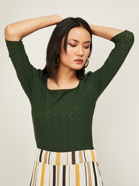 

CODE by Lifestyle Olive Green Self Design Square Neck Top