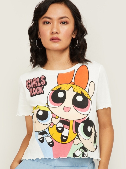 

Ginger by Lifestyle Women Off White & Yellow Powerpuff Girls Printed Cotton T-shirt