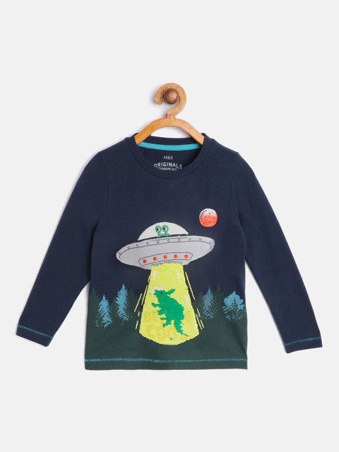 

Marks Spencer Boys Navy Blue Printed Pure Cotton T-shirt with Sequined Details