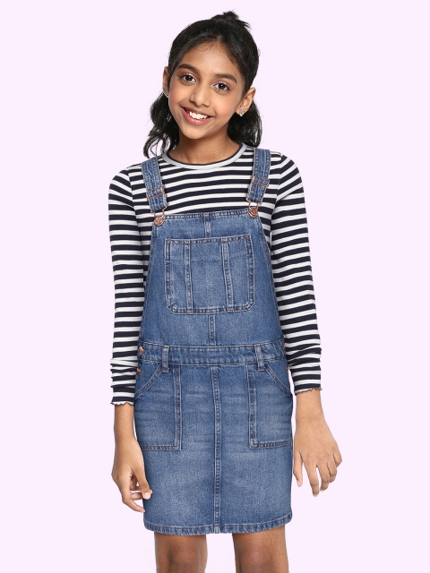 

Marks & Spencer Girls Blue Solid Denim Pinafore Dress with T-shirt