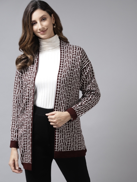 

Cayman Women Burgundy & White Self-Design Front-Open Sweater