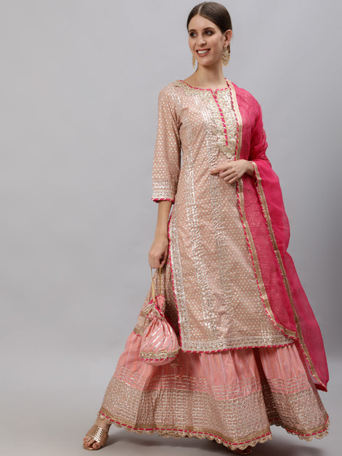 

Ishin Women Peach-Coloured Ethnic Motifs Printed Regular Gotta Patti Pure Cotton Kurta with Sharara & With