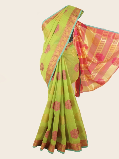 

Pothys Green & Pink Ethnic Motifs Chanderi Cotton Zari Saree