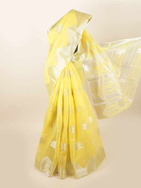 

Pothys Yellow & Silver-Toned Floral Chanderi Cotton Zari Saree
