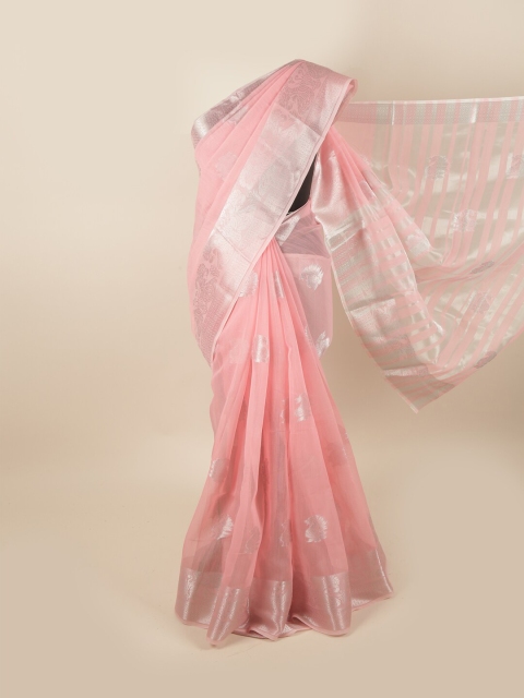 

Pothys Pink & Silver-Toned Ethnic Motifs Chanderi Cotton Saree