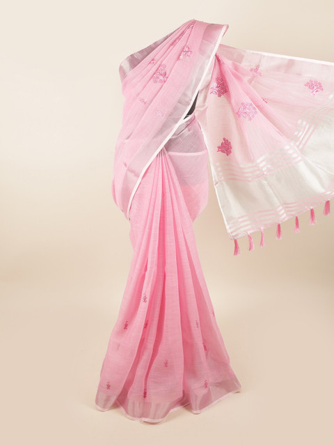 

Pothys Pink & Silver-Toned Floral Embroidered Saree