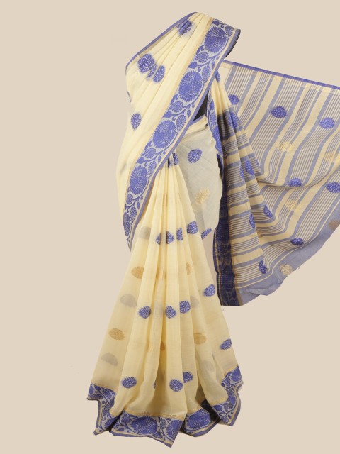 

Pothys Cream-Coloured & Blue Ethnic Motifs Chanderi Cotton Saree