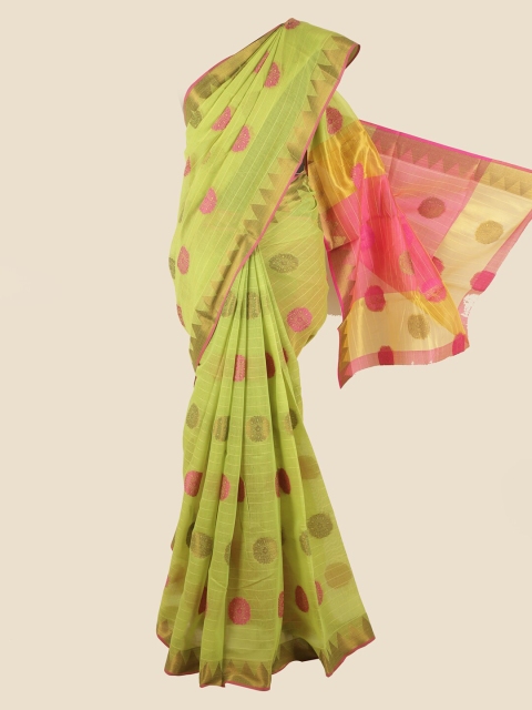 

Pothys Green & Pink Floral Chanderi Cotton Saree