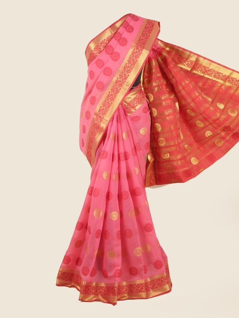 

Pothys Pink & Gold-Toned Ethnic Motifs Chanderi Cotton Saree