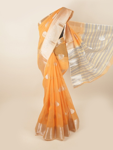 

Pothys Orange & Silver-Toned Ethnic Motifs Chanderi Cotton Zari Saree