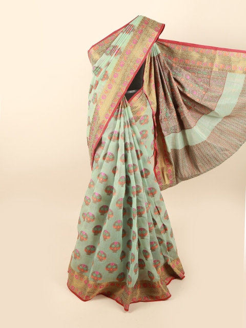 

Pothys Sea Green & Pink Ethnic Motifs Chanderi Cotton Zari Saree