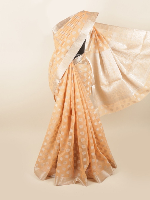 

Pothys Orange & Silver-Toned Ethnic Motifs Chanderi Cotton Zari Saree