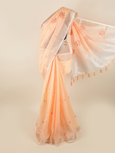 

Pothys Peach-Coloured & Silver-Toned Floral Embroidered Saree