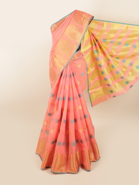 

Pothys Pink & Gold-Toned Ethnic Motifs Zari Chanderi Cotton Saree