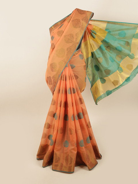 

Pothys Orange & Green Ethnic Motifs Chanderi Cotton Saree