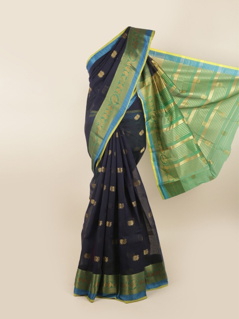 

Pothys Navy Blue & Green Ethnic Motifs Chanderi Cotton Saree