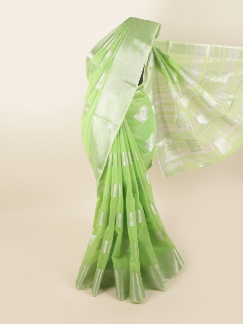 

Pothys Green & Silver-Toned Zari Chanderi Cotton Saree