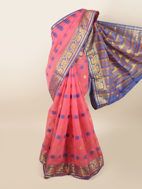 

Pothys Pink & Blue Woven Design Chanderi Cotton Zari Saree