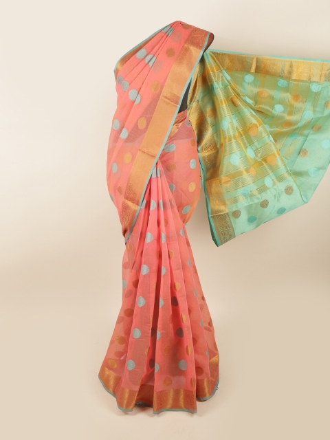 

Pothys Peach-Coloured & Turquoise Blue Woven Design Chanderi Cotton Zari Saree