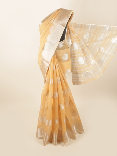 

Pothys Peach-Coloured & Silver-Toned Ethnic Motifs Chanderi Cotton Zari Saree