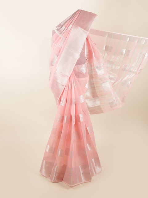 

Pothys Pink & Silver-Toned Ethnic Motifs Chanderi Cotton Zari Saree