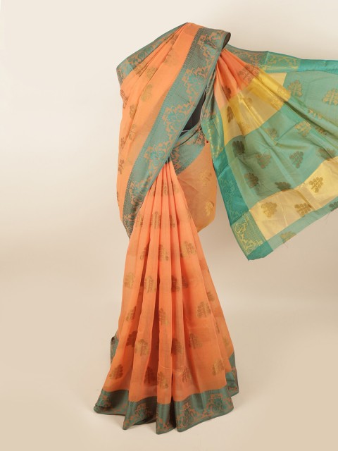 

Pothys Orange & Green Floral Chanderi Cotton Saree