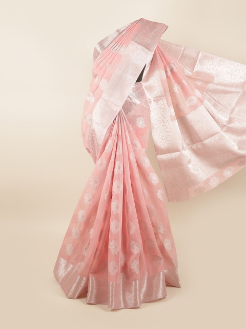 

Pothys Pink & Silver-Toned Floral Chanderi Cotton Zari Saree