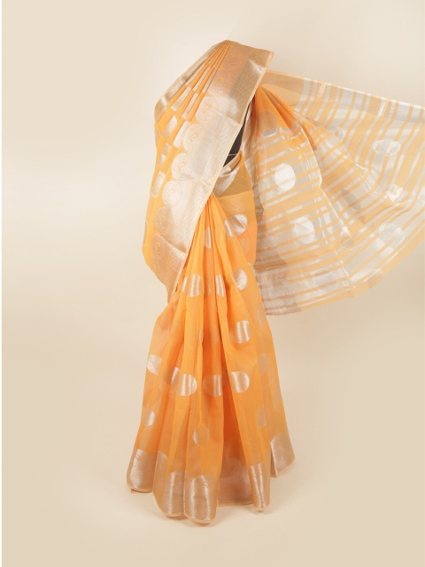 

Pothys Orange & Gold-Toned Ethnic Motifs Zari Chanderi Cotton Saree