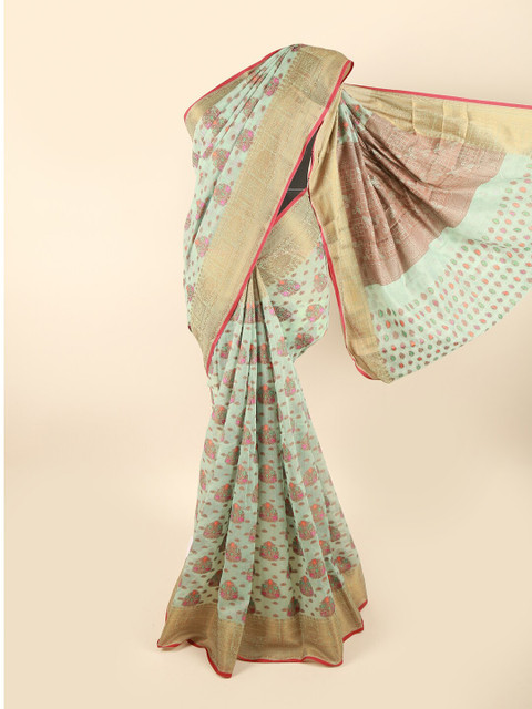 

Pothys Sea Green & Pink Floral Chanderi Cotton Zari Saree