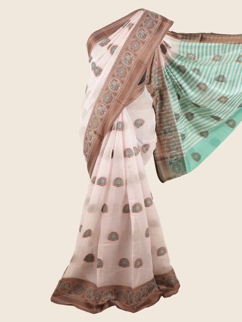 

Pothys Peach-Coloured & Brown Ethnic Motifs Chanderi Cotton Zari Saree